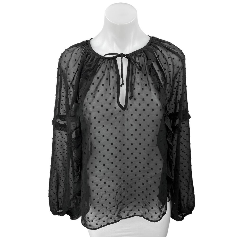 Express Black Mesh Sheeer Polka Swiss Dot Keyhole Longsleeve Blouse Top Size XS